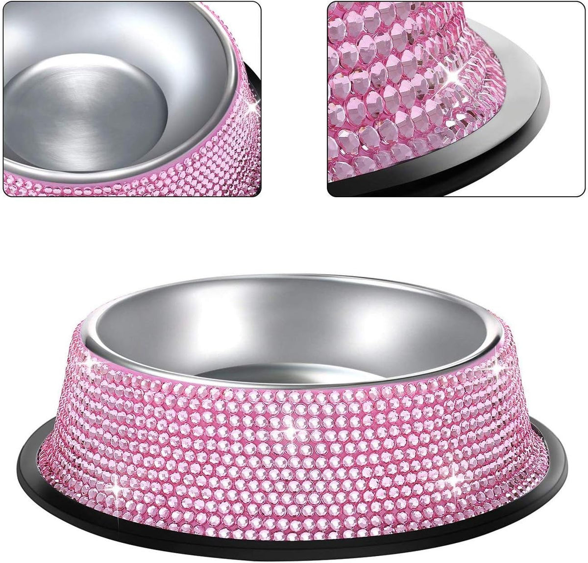 Handmade Rhinestone Dog Bowls Set - Pink Stainless Steel Double Feeder for Dogs and Cats, 640ML Each