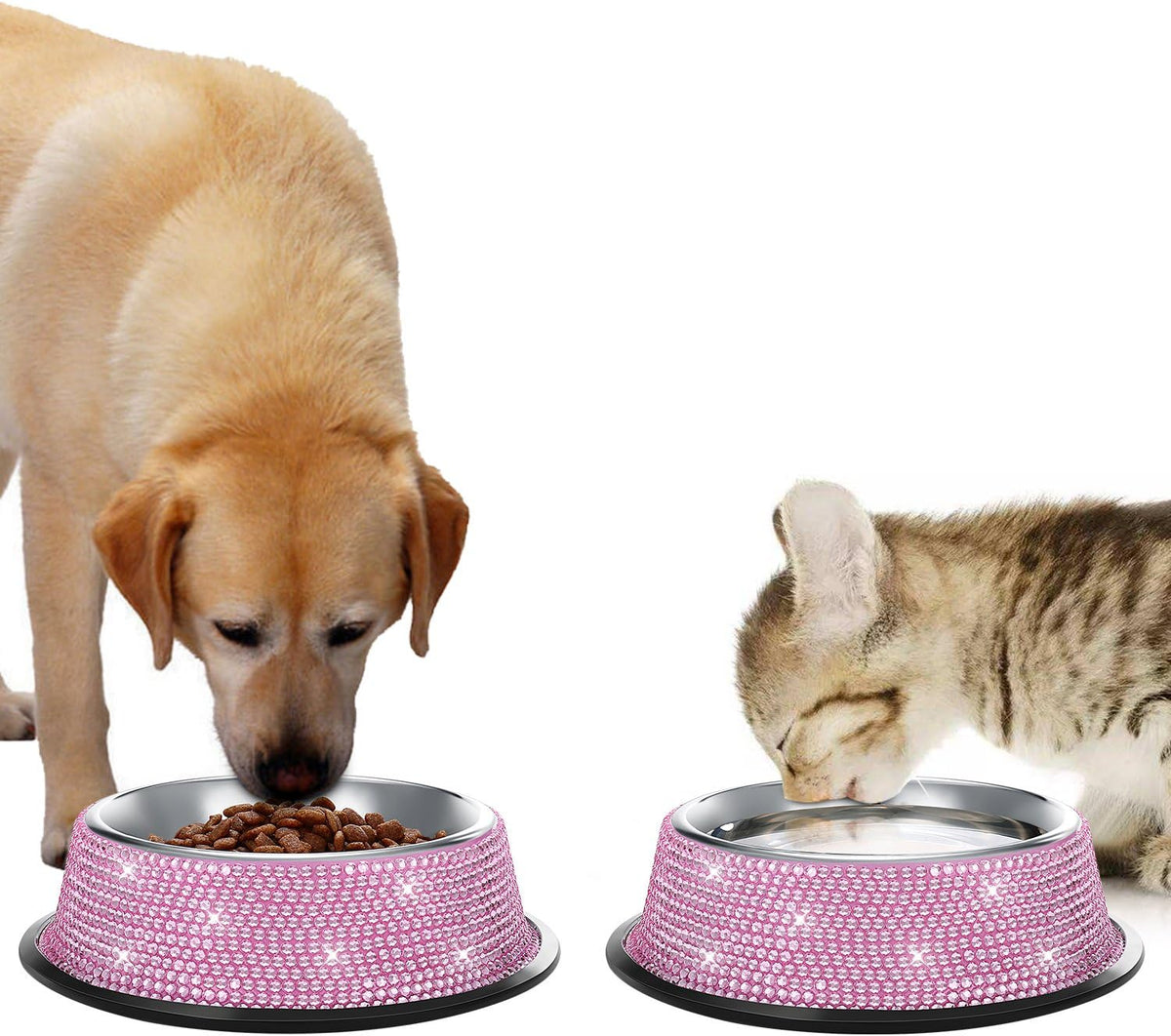 Handmade Rhinestone Dog Bowls Set - Pink Stainless Steel Double Feeder for Dogs and Cats, 640ML Each