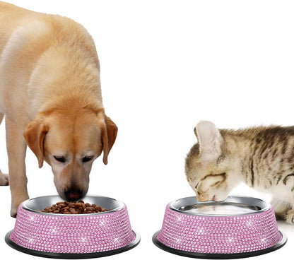 Handmade Rhinestone Dog Bowls Set - Pink Stainless Steel Double Feeder for Dogs and Cats, 640ML Each