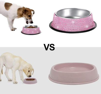 Handmade Rhinestone Dog Bowls Set - Pink Stainless Steel Double Feeder for Dogs and Cats, 640ML Each