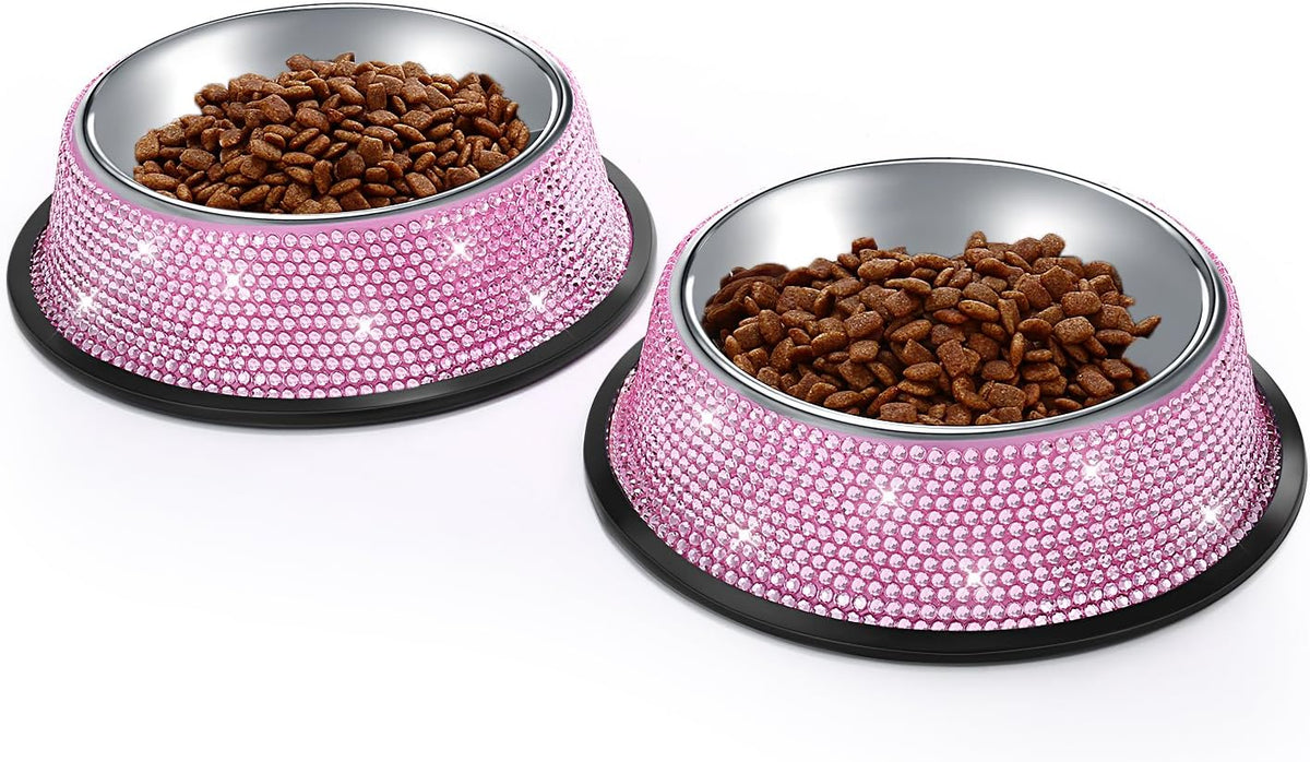 Handmade Rhinestone Dog Bowls Set - Pink Stainless Steel Double Feeder for Dogs and Cats, 640ML Each