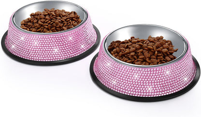 Handmade Rhinestone Dog Bowls Set - Pink Stainless Steel Double Feeder for Dogs and Cats, 640ML Each