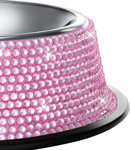Handmade Rhinestone Dog Bowls Set - Pink Stainless Steel Double Feeder for Dogs and Cats, 640ML Each
