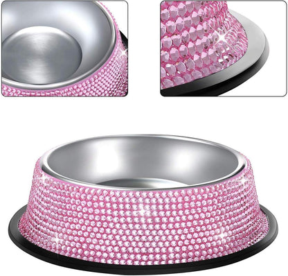 Handmade Rhinestone Dog Bowls Set - Pink Stainless Steel Double Feeder for Dogs and Cats, 640ML Each