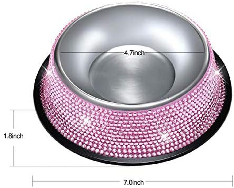 Handmade Rhinestone Dog Bowls Set - Pink Stainless Steel Double Feeder for Dogs and Cats, 640ML Each