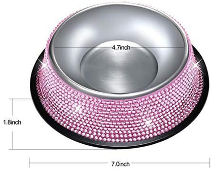 Handmade Rhinestone Dog Bowls Set - Pink Stainless Steel Double Feeder for Dogs and Cats, 640ML Each
