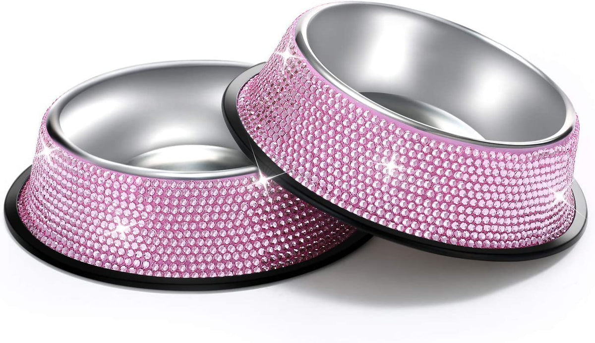 Handmade Rhinestone Dog Bowls Set - Pink Stainless Steel Double Feeder for Dogs and Cats, 640ML Each