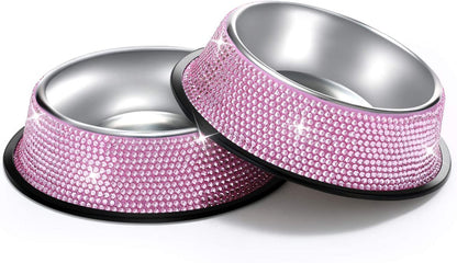 Handmade Rhinestone Dog Bowls Set - Pink Stainless Steel Double Feeder for Dogs and Cats, 640ML Each